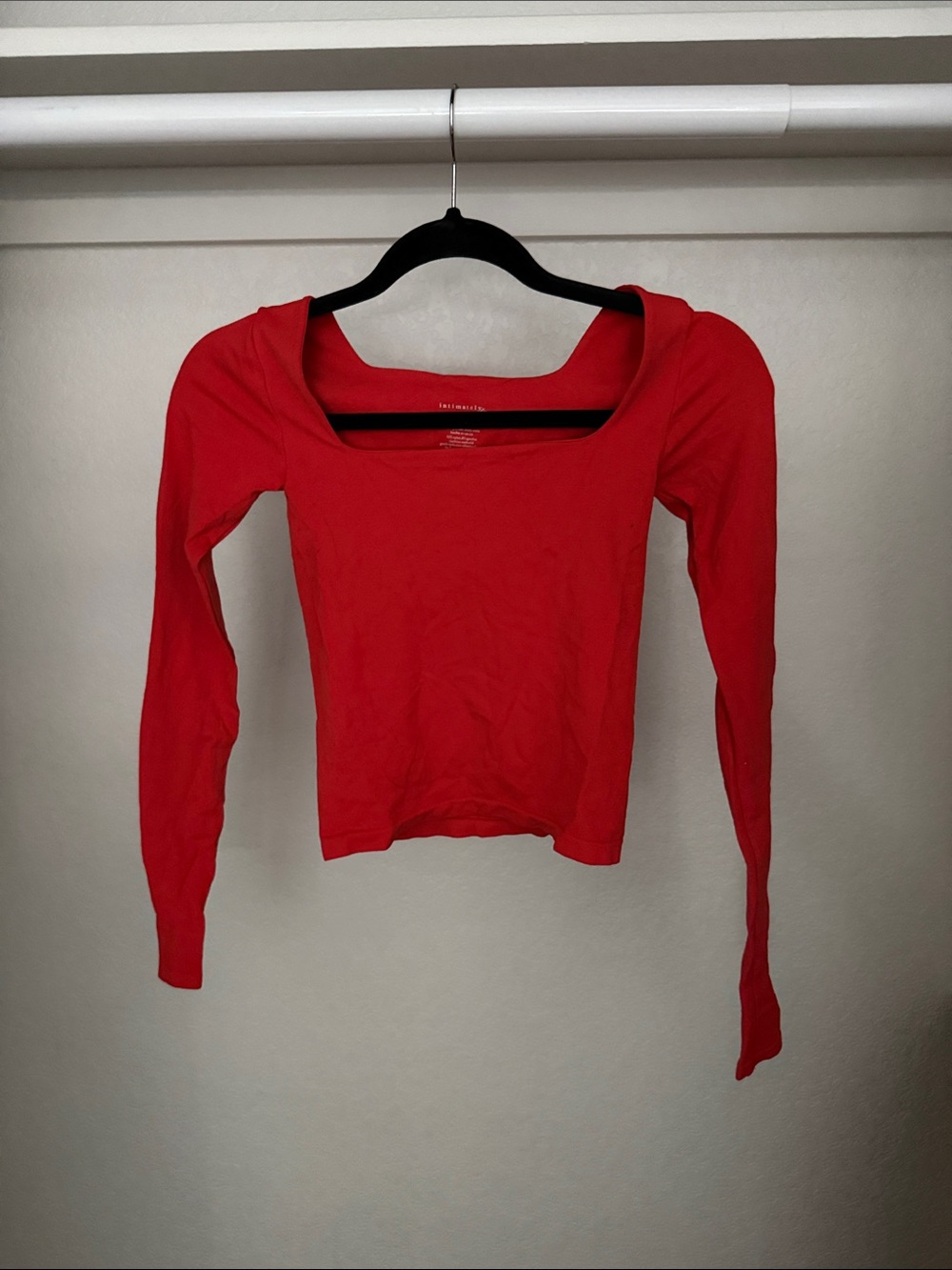 Free People Nylon Cropped Red Square Neck Long Sleeve Top